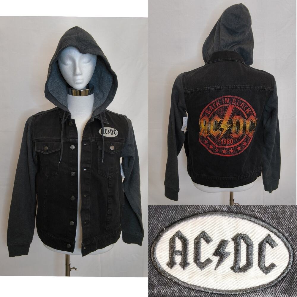 AC/DC Back in Black 1980 Hooded Denim Jacket Size S Black/Grey NWT #W5279